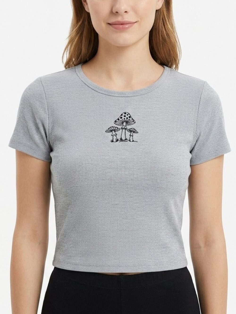 Obsessive Love Mushroom Graphic Ribbed Crop Tee - Light Gray Size Large